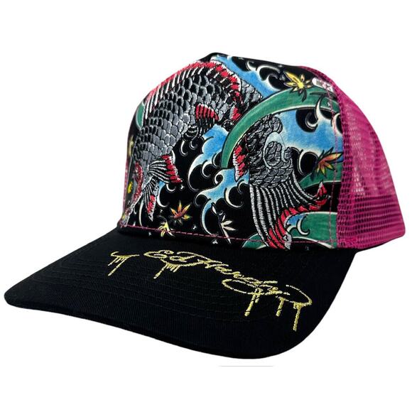 Ed Hardy Trucker Hat Embroidered Tattoo Koi Fish Black/Purple Mesh Snapback Cap - Picture 3 of 7